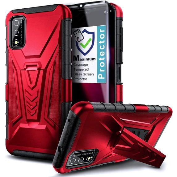 Nagebee Phone Case Compatible for T-Mobile REVVL V 4G (2021) with Tempered Glass Screen Protector, Belt Clip Holster with Built-in Kickstand, Heavy Duty Shockproof Armor Rugged Case (Red)