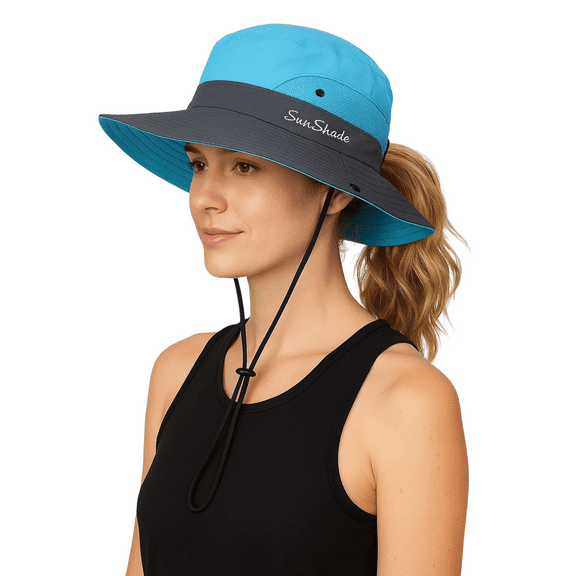 Sun Hats for Women, Wide Brim Bucket Hat for UV/Sun Protection, Foldable Cowboy Hats with Ponytail, Breathable Mesh Summer Fishing Hat for Beach, Outdoor (Blue & Dark Gray)
