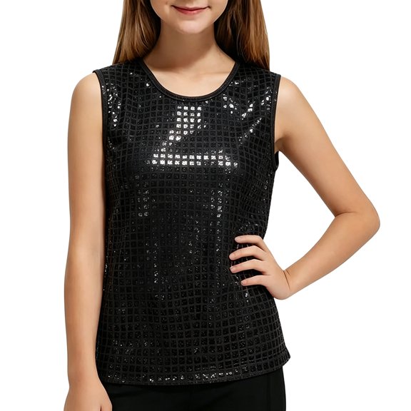 Girls Sequin Tank Tops Sleeveless Crewneck Sparkly Stage Performance Casual Dance Vests for Kids Size 110