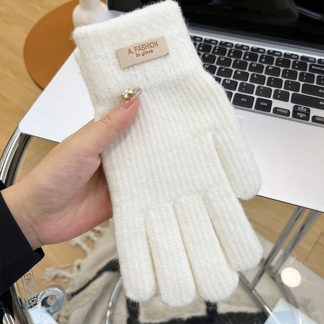 Guantes de lana tejidos para mujer, de invierno, resistentes al frío, con forro polar grueso, color caramelo, para ciclismo, pantalla táctil, dedos expuestos, cinco dedos