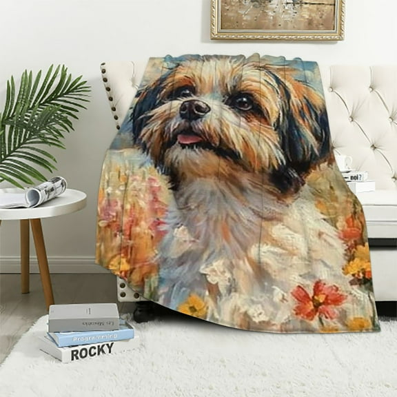 BCIIG Cute Shih Tzu Dog & Flowers Blanket - Soft Lightweight Cozy Flannel Throw Blanket for Adults Kids Women, Warm Fuzzy Blankets for Couch, Bed, Travel, Home Decor, Living Room   40x50in
