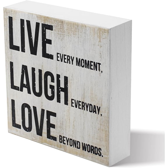 Zomyto 5x5 Inches Farmhouse Distressed Wood Box Sign Vintage Signs Decor for Home Desk Tabletop Shelf Office Decoration Art, Live Laugh Love (White)