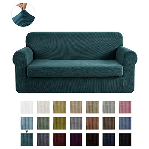 Medium, Dove Turquoize 2 Pieces Stretch Sofa Cover Sofa Slipcover Couch Cover 2 Seater Furniture Protector Washable Armchair Loveseat Cover for Living Room Jacquard Fabric with Elastic Bottom