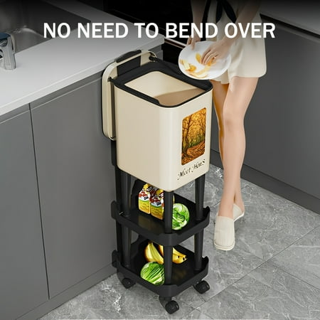 Kitchen Trash Can Plastic With Two Black Storage Rack And 360 Degree Spinner Wheels, Height 29.1 In, 10 Inch Large Caliber, Sliding Lid, For Bathroom, Bedroom, Living Room, Office, White Body.