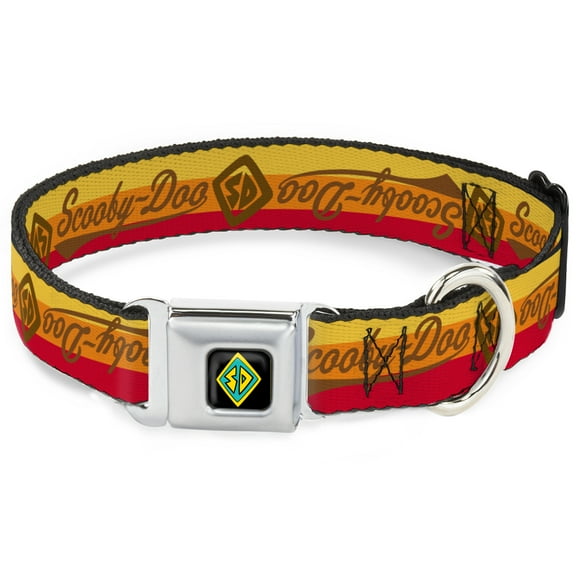 Scooby Doo Pet Collar, Dog Collar Metal Seatbelt Buckle, Scooby Doo Script Sd Icon Stripe Yellow Orange Red Brown, 9.5 to 13 Inches 1.0 Inch Wide