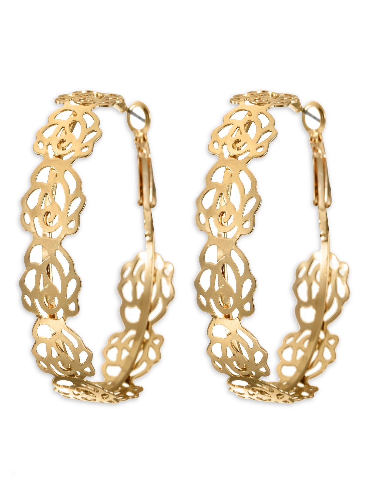 Women's Gold-tone Rose Filigree Hoop Earring