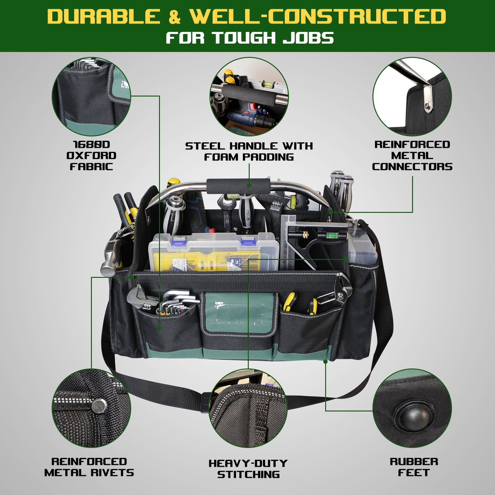 18" Heavy Duty Tool Bag, Open Top Tool Tote for Electricians, 30 Pockets, 1680D Oxford Fabric, Foldable with Rotating Handle, Reflective Tool Bag, Green