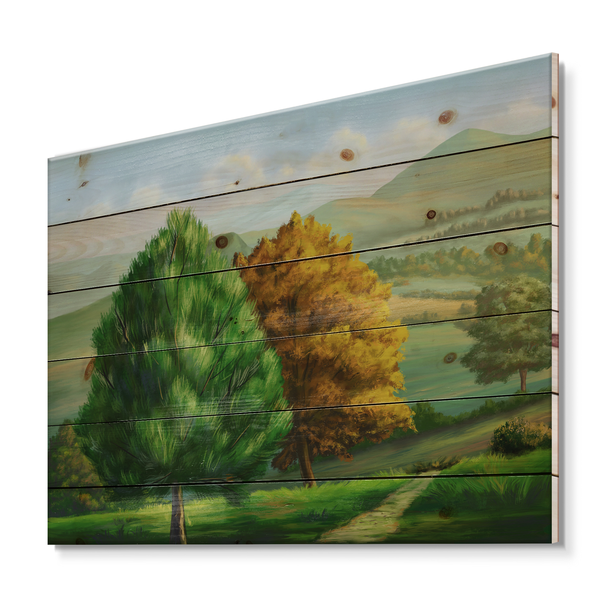 Designart 'VIbrant Trees With Country Scenery' Traditional Print on Natural Pine Wood