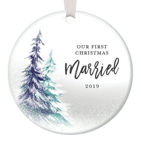 Our First Christmas 2019, 1st Married Ornament, Best Wedding Gifts for Couple Xmas Mr and Mrs Together Man Woman Gay Present Ceramic 3