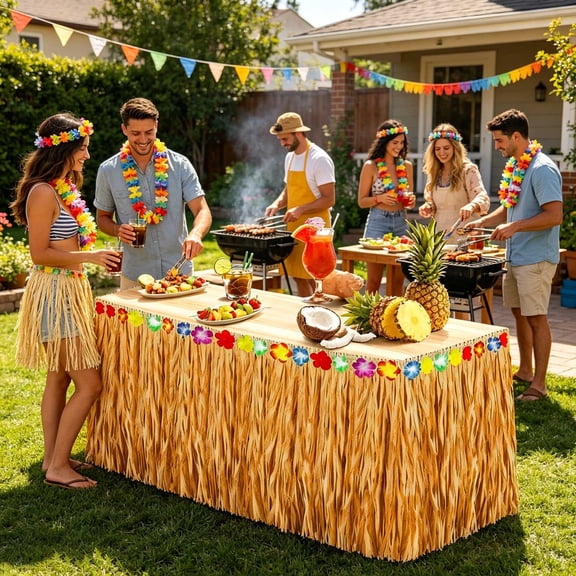 Luau Table Skirt Natural Hawaiian Grass Skirt for Tropical Party Decorations Beach Themed Events Wedding Birthday Luau Party Supplies Fringe Tablecloth 78.7x29.5 Inch
