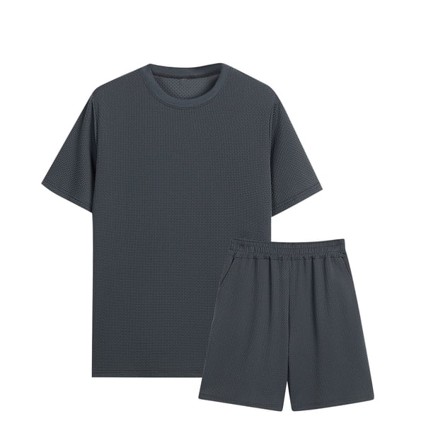 Camisas Casuales de Manga Corta de los Hombres Cuello Redondo Y Pantalones Cortos, Color Sólido de la Playa de Dos Piezas para las Vacaciones Y Diario