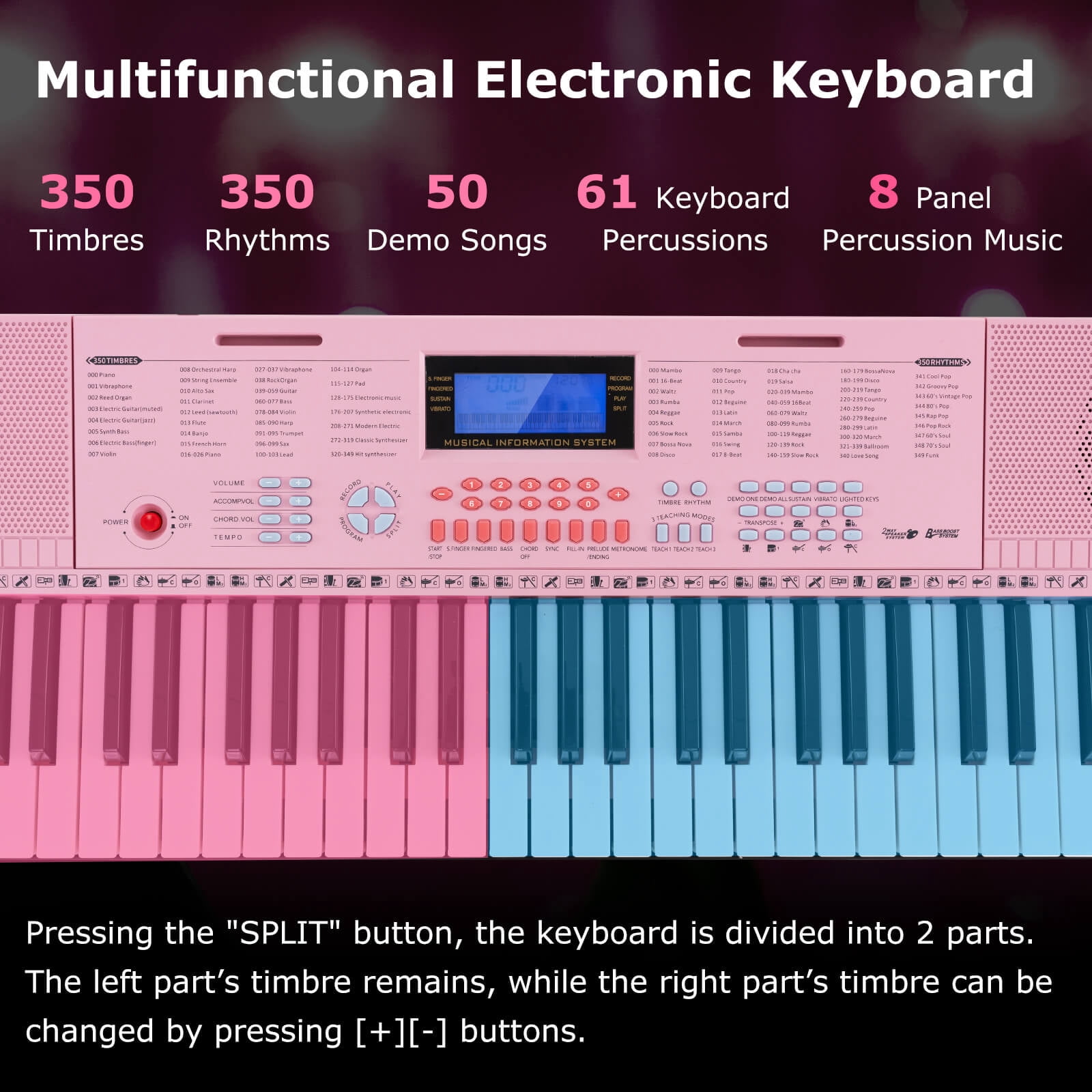 Costway 61-Key Electronic Keyboard Piano with 350 Rhythms 350 Timbres 50 Demo Songs Pink