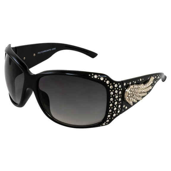 Rodeo Queen Angel Women’s Fashion Sunglasses Black Frame w/ Bling Rhinestones & Smoke Gradient Lens