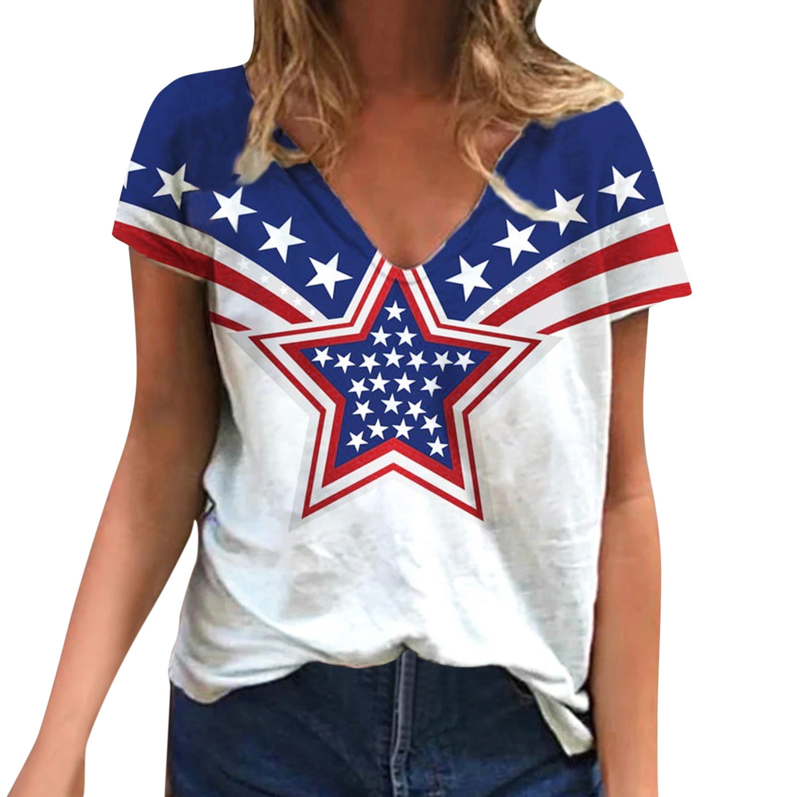 B91xZ American Flag Shirt Women American Star Flag Tops Shirt V Neck