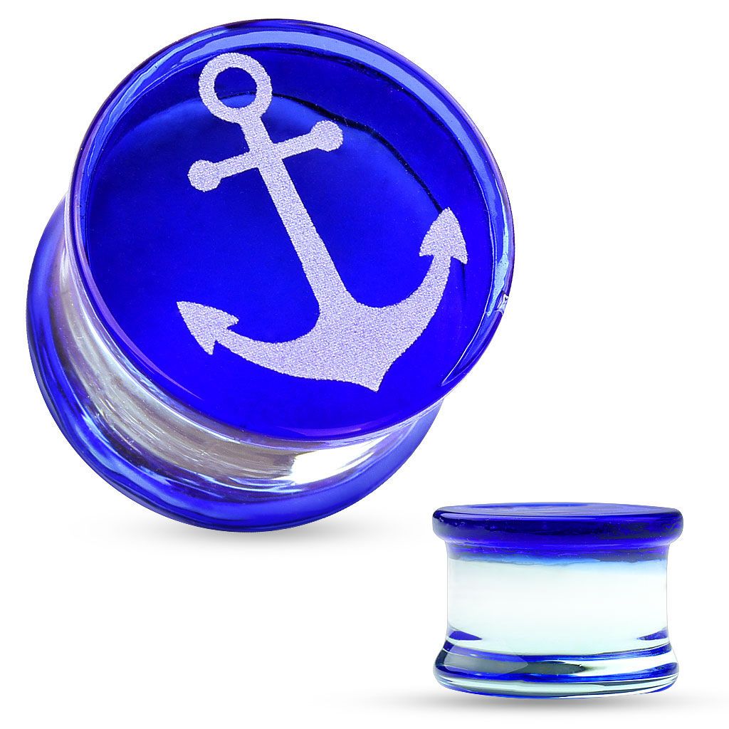 Ear Piercing Gauges - Pair of Anchor Engraved Face Blue Pyrex Glass Saddle Plugs