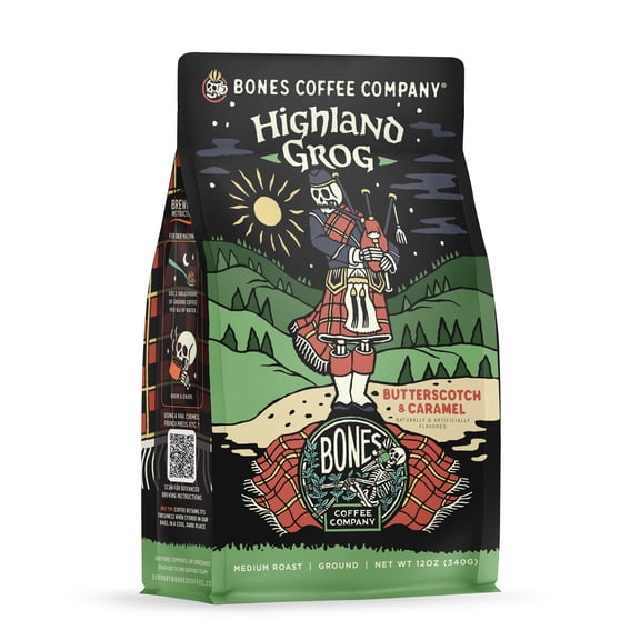 Bones Coffee Company Highland Grog Ground Coffee Beans, Butterscotch Caramel Flavor, Low Acid Flavored Coffee, Made with Arabica Coffee Beans, Medium Roast Gourmet Coffee (12 oz)