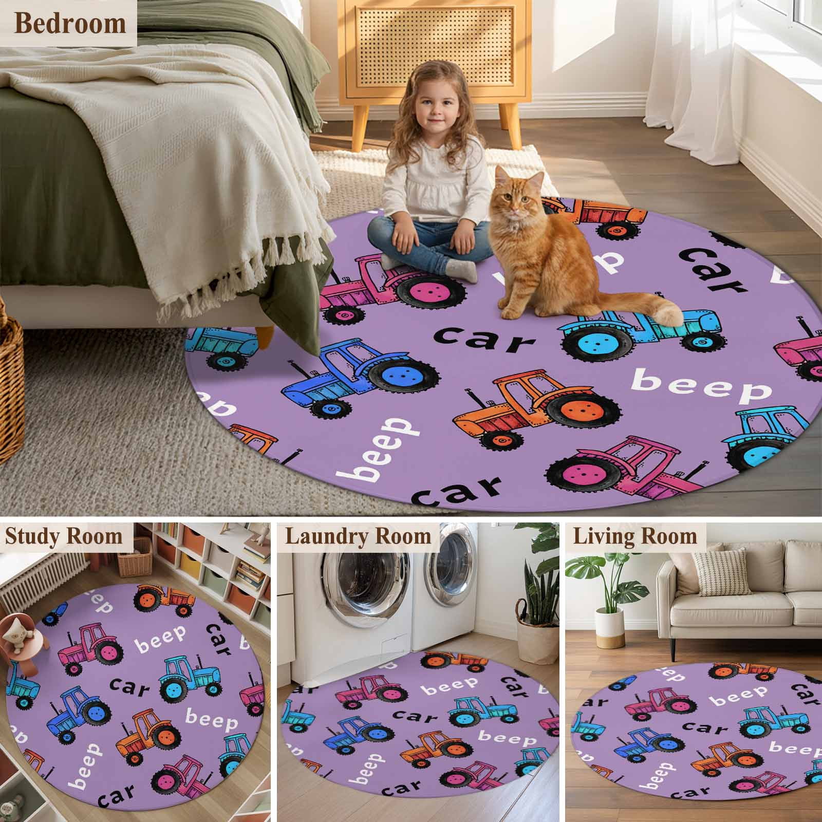 Cartoon Tractor Round Area Rug 8Ft Washable Large Circle Rugs for Living Room Dorm, Cute Beep Car Digger Shovel Truck Light Purple Non-Slip Carpet Floor Mats Indoor Outdoor Carpet Runner Home Decor
