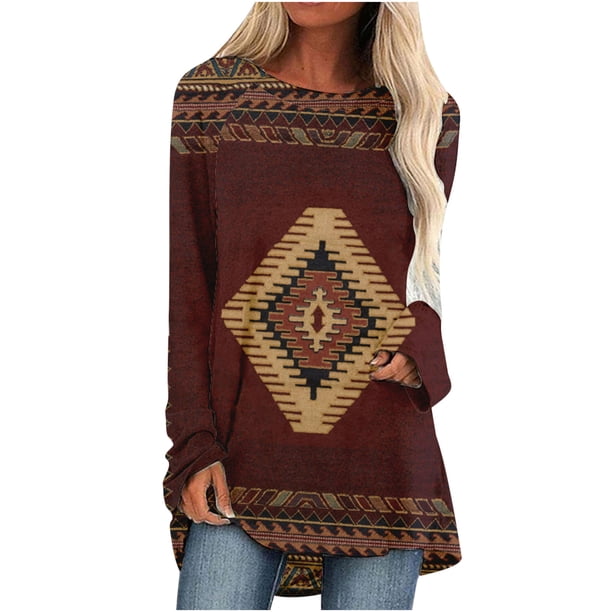Mujeres moda casual manga larga cuello redondo tops blusa suelta camisas impresas Fridja czfsfas3213