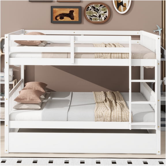 JERFIT White Rubber Wood Triple Full Size Bunk Bed with Trundle, Guardrails & Ladder, Convertible to 2 Beds, Space Saving Design