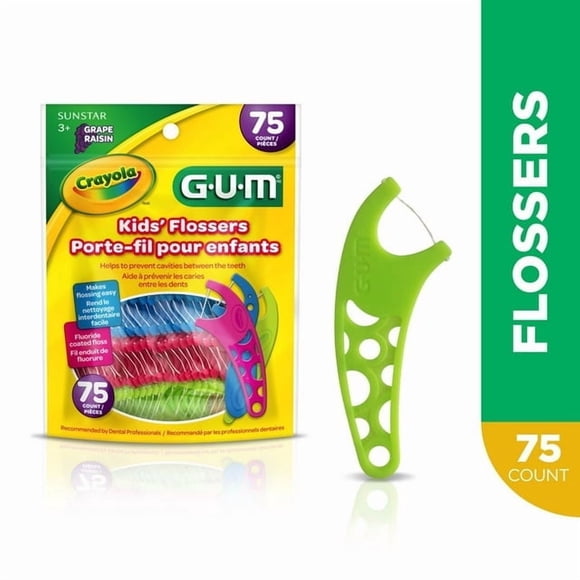 GUM® Crayola™ Kids’ Flossers, Fluoride Coated, Grape Flavour, Ages 3+, 75 count