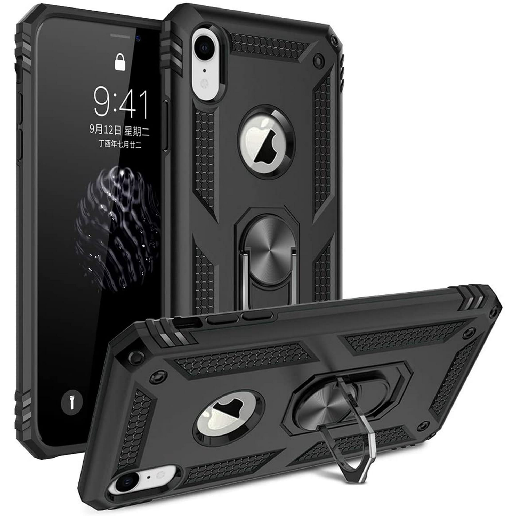 Phone Case for iPhone XR,Military Grade Protective iPhone XR Cases Cover with Ring Car Mount Kickstand for iPhone XR - Black
