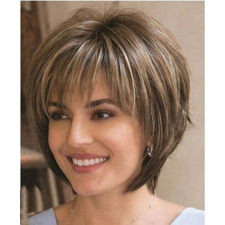 UTOURS Short Hair Wigs with Bangs Dark Brown Mixed Blonde Pixie Cut Wig for Women Straight Synthetic Fiber Wigs