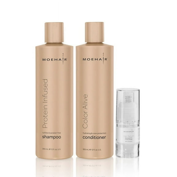 Moehair TRIO Protein shampoo (12 Fl Oz), Color alive conditioner (12 Fl Oz) and Hair serum (3.4 Fl Oz)