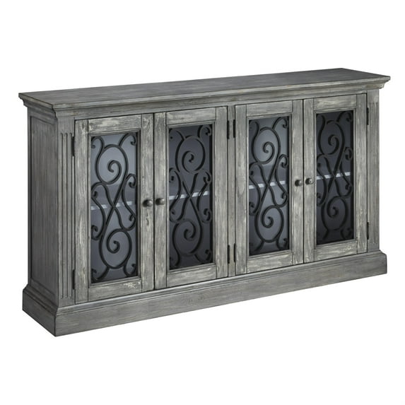 4 Door Cabinet with Glass Inserts and Metal Scrollwork, Antique Gray