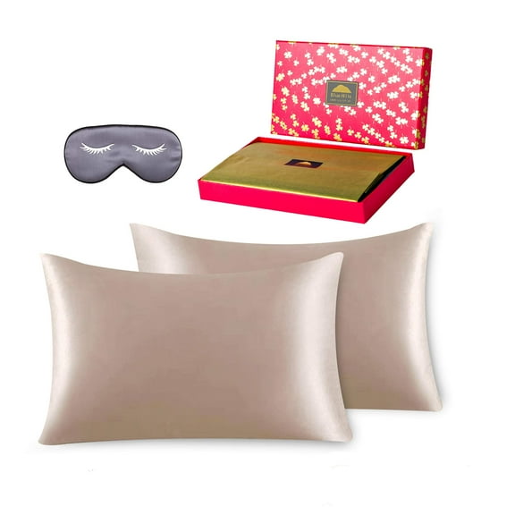 BlueHills 22 Momme Pure Mulberry Silk Pillowcase Gift Set – Luxurious 3-Piece Set with Two Pillowcases and Eye Mask​ (Gift Pack King, Bronze Gold)