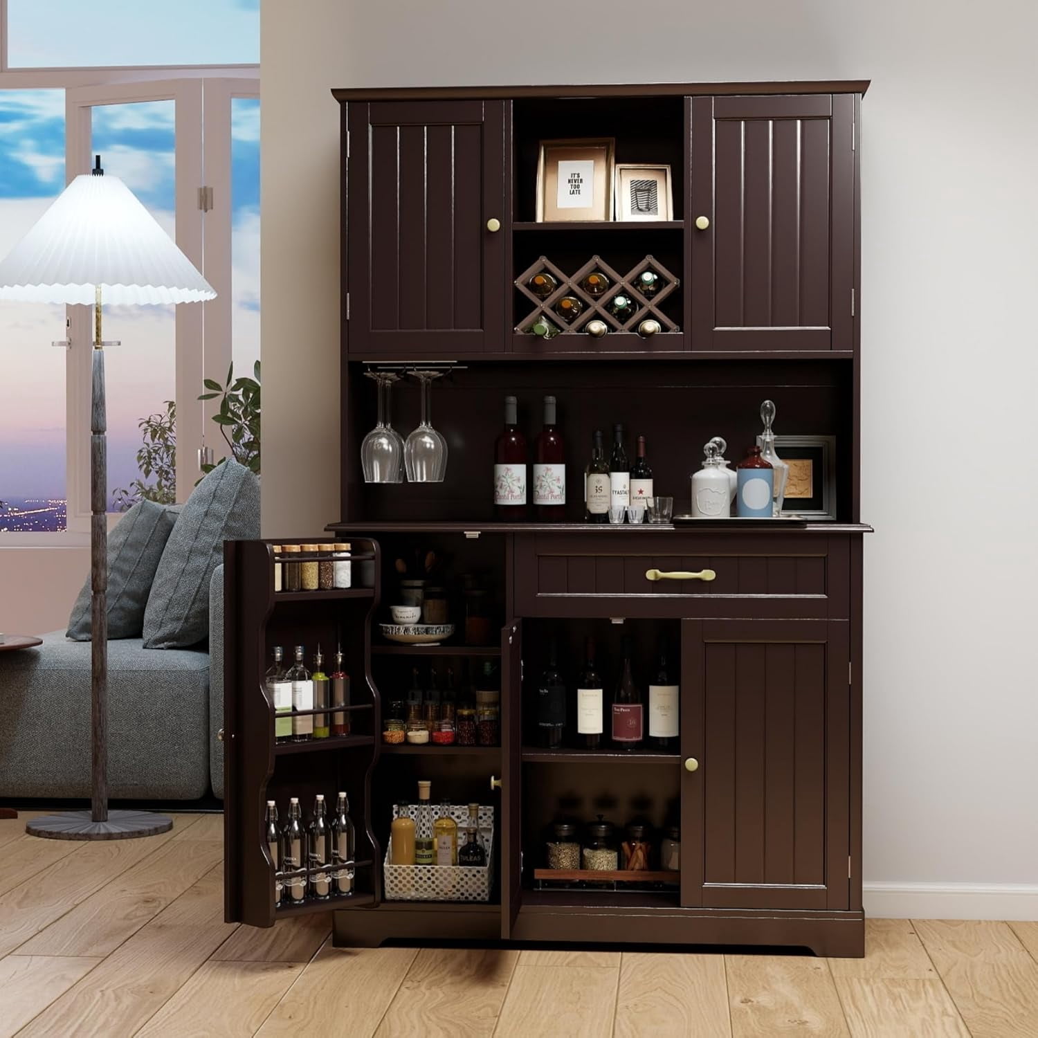 67" Kitchen Hutch Cabinet with 5 Doors and 14 Shelves, Noelse Large Wooden Kitchen Pantry Storage Cabinet with Drawer, Tall Coffee Bar for Dining Room, Dark Brown