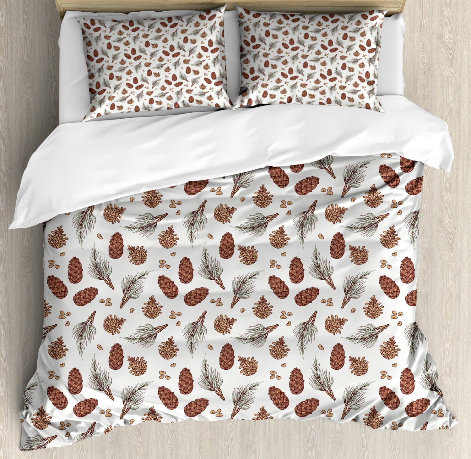 Pine Cone Duvet Cover Set Queen Size, Natural Toned Conifers with