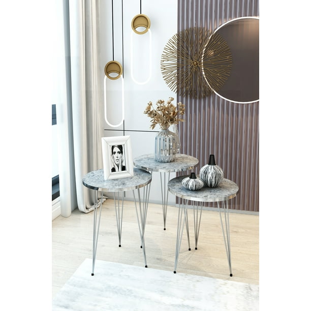 Set of 3 High Gloss Nesting End Tables PAK Home Round Wood Stacking