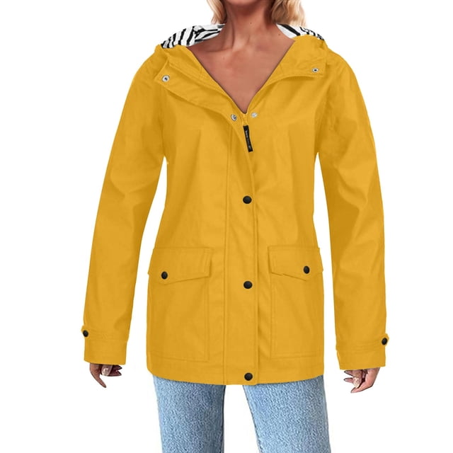 WRKEKC Lightweight Waterproof Hooded Jacket Women's Breathable Windproof Raincoat with Pockets No Drawstrings Spring Fall Hiking Running Cycling Outdoor Wear Yellow M