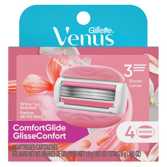Venus ComfortGlide White Tea Women's Razor Blades, with Built-in Shave Gel Bars, 4 Razor Blade Refills
