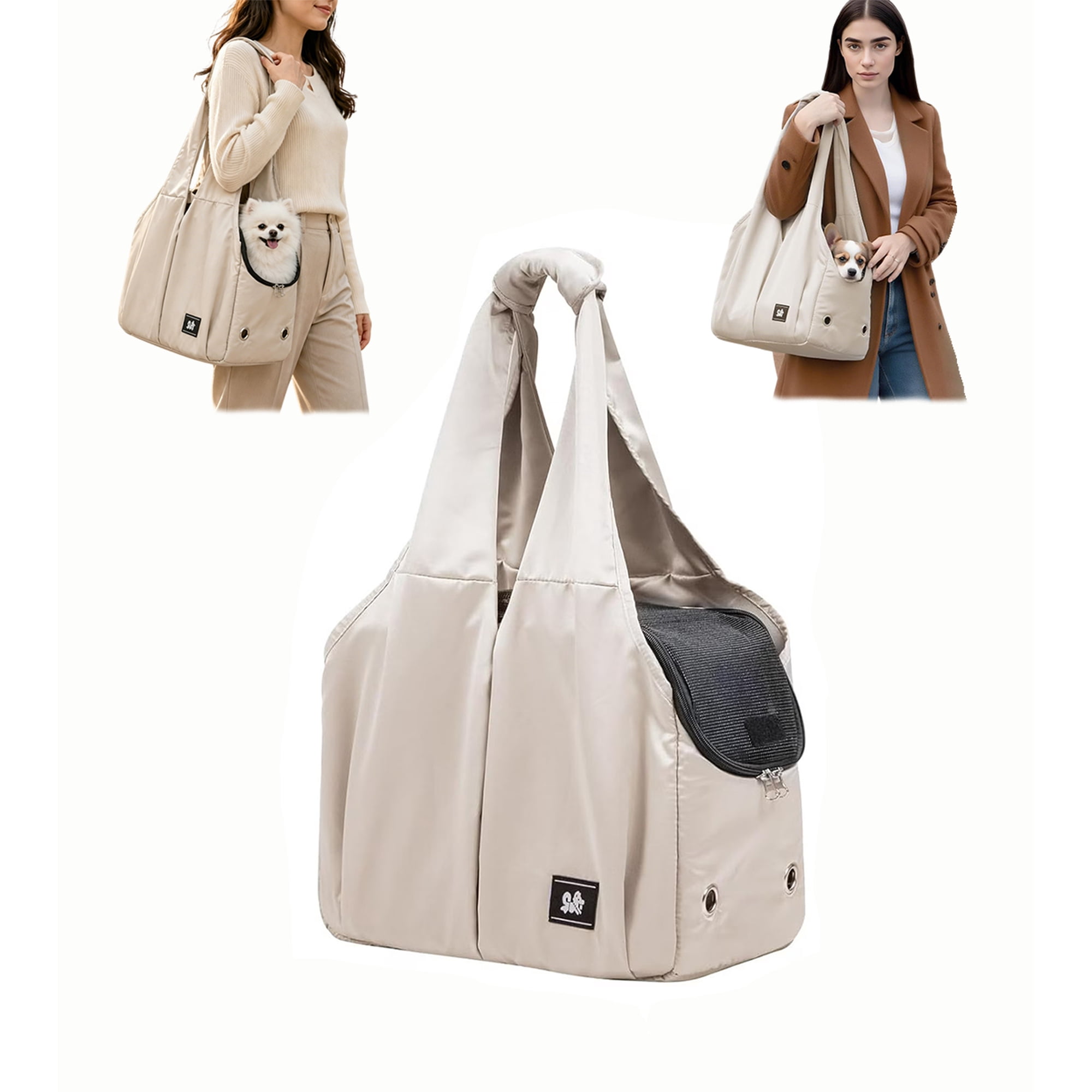 Dog Purse Carrier for Small Dogs, Cats, and Puppies – Soft-Sided Travel Pet Tote Bag with 4 Large Pockets, Foldable, Lightweight, Fits Pets up to 15 lbs, for Travel, Outings (Beige)