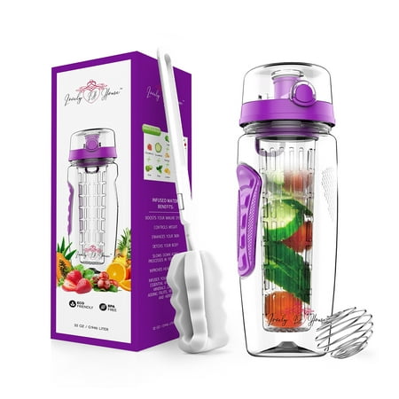 Fruit Infuser Water Bottle 32 oz: Flavored Water & Tea Infusion for Hydration, Protein Shake Sports Container, Leak-Proof Lid, Long Infuser Basket â?? with Sleeve, Cleaner Brush & Mix Ball