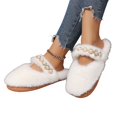 thumbnail image 4 of EKVAHL Women's Faux Fuzzy House Slippers, Pearl Strap Open Toe Slides, Soft Plush Bedroom Home Daily Leisure Indoor Casual Slippers Beige, 4 of 5