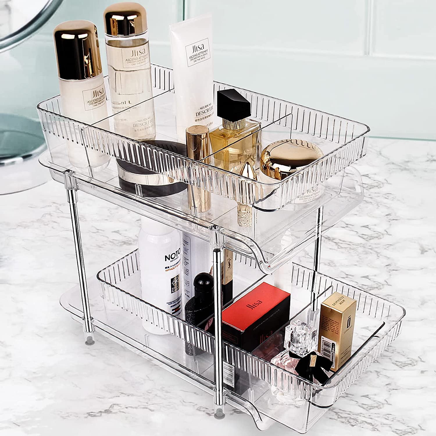 XIYAO 2 Tiers Clear Under Sink Organizers and Storage Slide-Out,Pull Out  Cabinet Organizer,Bathroom Vanity Organizer Cabinet,Makeup Skincare