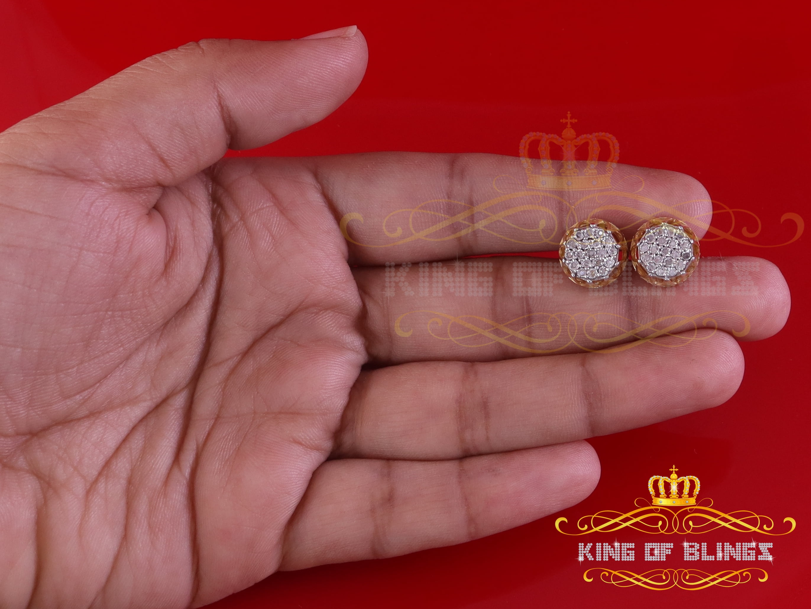 King of Bling's 0.08ct Diamond 925 Sterling Yellow Silver for Men's & Womens Stud Crown Earrings