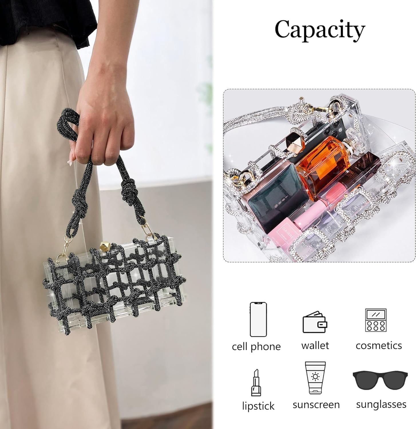 SQDWYGG Clear Acrylic Purse Bag with Rhinestones Clutch Purse Evening Clutches for Wedding and Party,1,1,1,Black,Acrylic,Black,Top-Handle Bag,Small