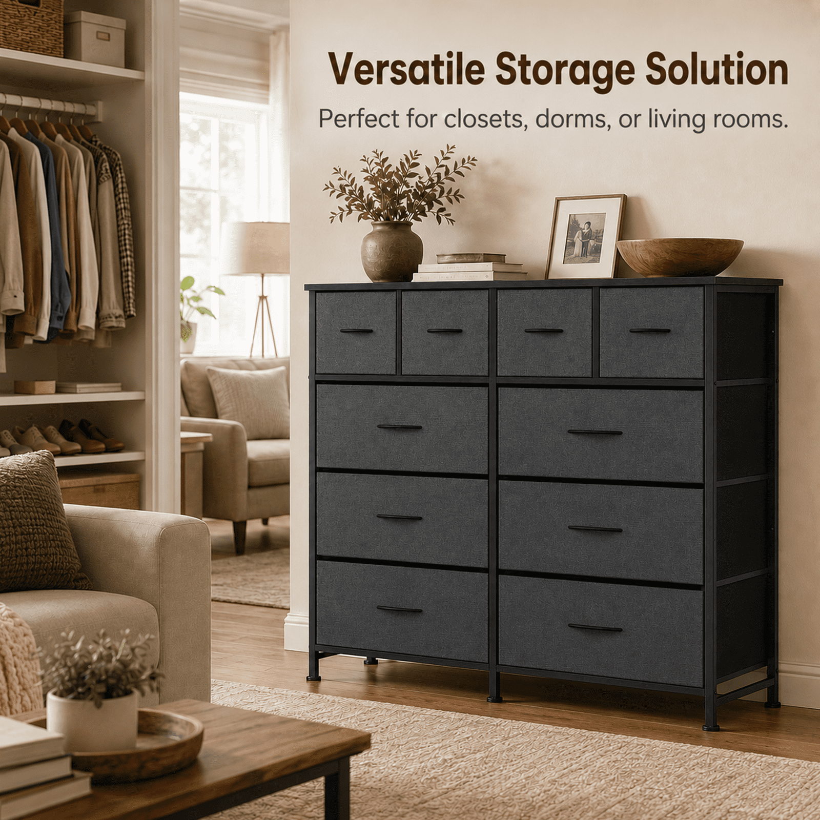 Alvantor 12-Drawer Dresser, Fabric Storage Tower for Bedroom, Hallway, Entryway, Closet, Tall Chest Organizer Unit with Fabric Bins, Steel Frame, Wood Top, Easy Pull Handle