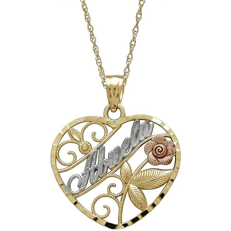 Simply Gold Precious Sentiments 10kt Yellow, White and Pink Gold Heart with abuela (Grandmother) and Flower Pendant, 18