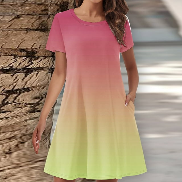 LOVZFMLL Women's Summer Gradient Color Double Pocket Short Sleeve Round Neck T-shirt Dress Yellow S