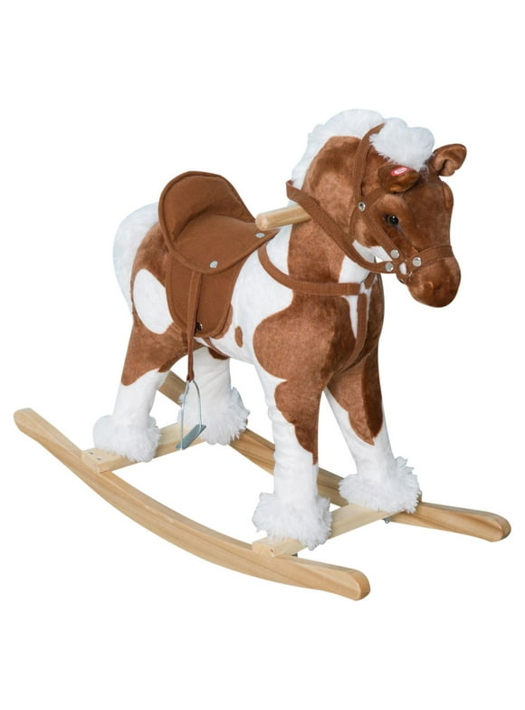 Qaba Kids Plush Ride-on Rocking Horse Chair Toy With Nursery Music, Brown / White