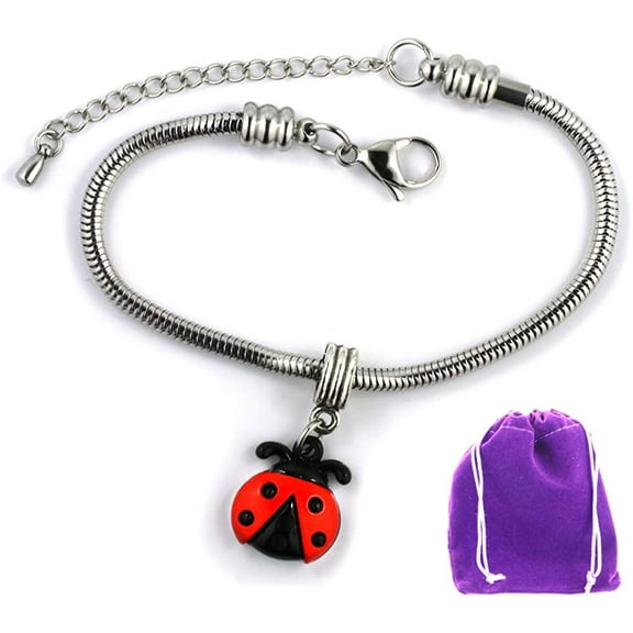 Dave The Bunny Ladybug Bracelet | Red and Black Ladybug Four Dots Stainless Steel Snake Chain Bracelet