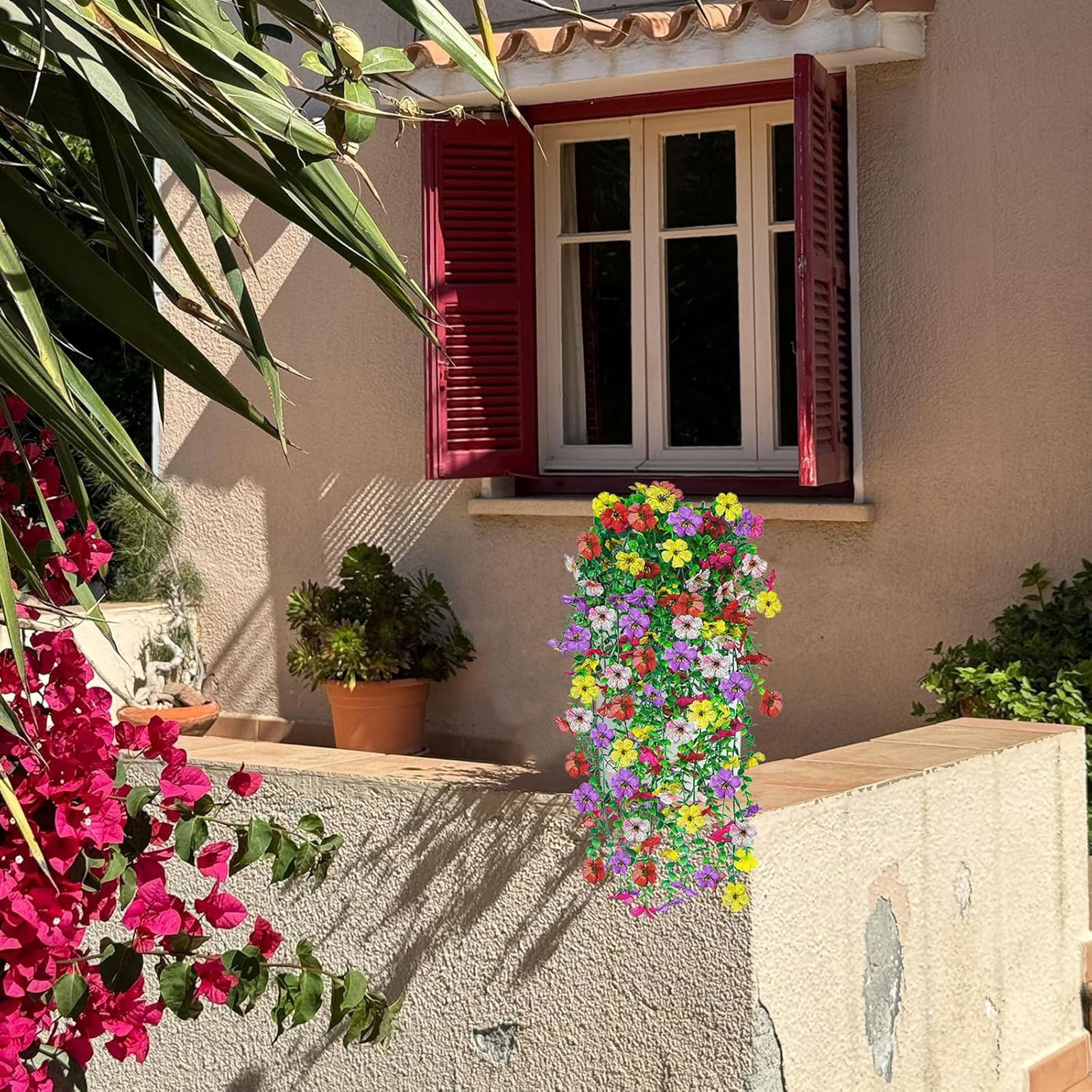 CADODIS 6PCS Artificial Flowers Outdoor Spring Summer Decor Fake Hanging Plants UV Resistant Faux Plastic Greenery Hanging Flowers for Outside Gardens Porch Wall Home Indoor,Mixed Color
