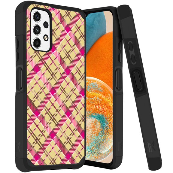 ANJ  Rugged Dual Layered Shockproof Slim Hybrid Case   Tempered Glass Cover Compatible with Samsung Galaxy A23 5G - Yellow Plaid