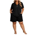 thumbnail image 3 of Plus Size Women's Plus Size 2 Piece Pajama Sets, V-Neck Short Sleeve Top & Drawstring Pocket Elastic Shorts, Oversized Solid Casual Home Outfit | TruHer,Black 4XL, 3 of 7
