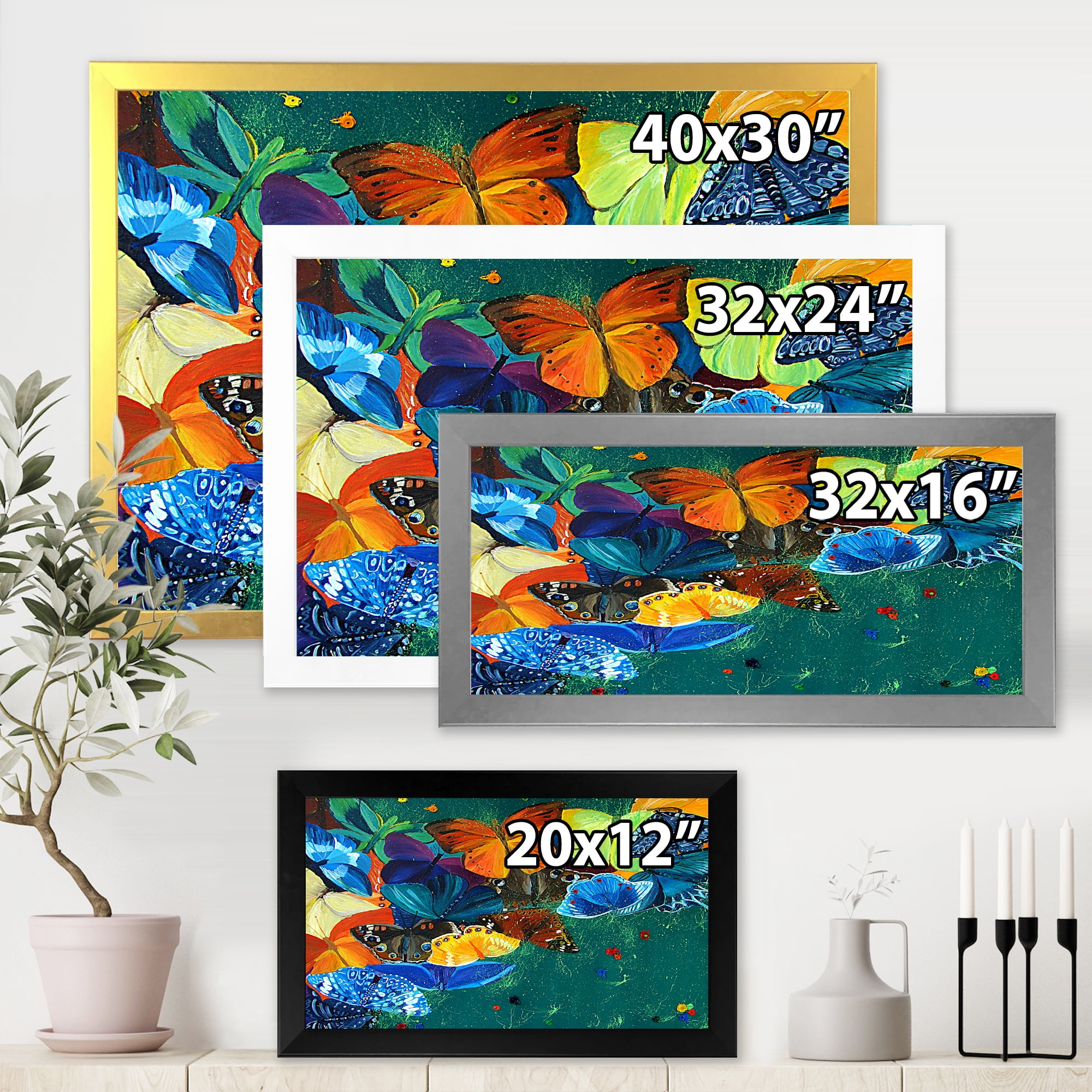 Designart 'Abstract Colour Butterflies On A Gree' Modern Framed Art Print