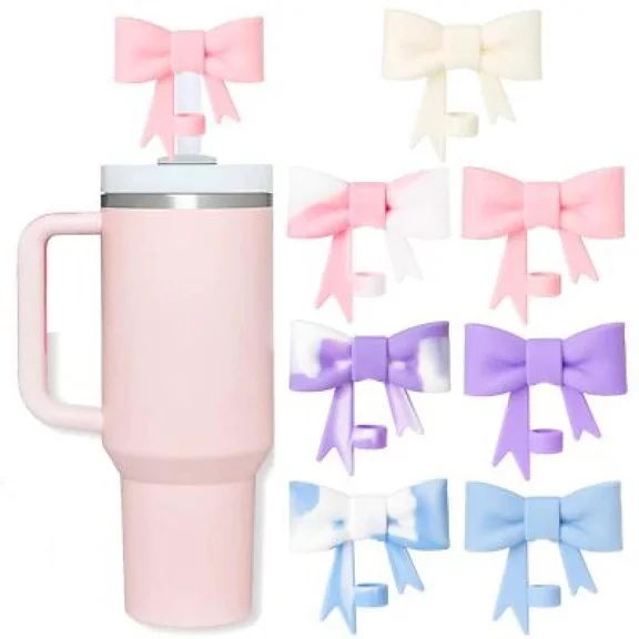7Pcs Bow Straw Cover Topper For Stanley Cup,Silicone Straws Toppers For Tumbler